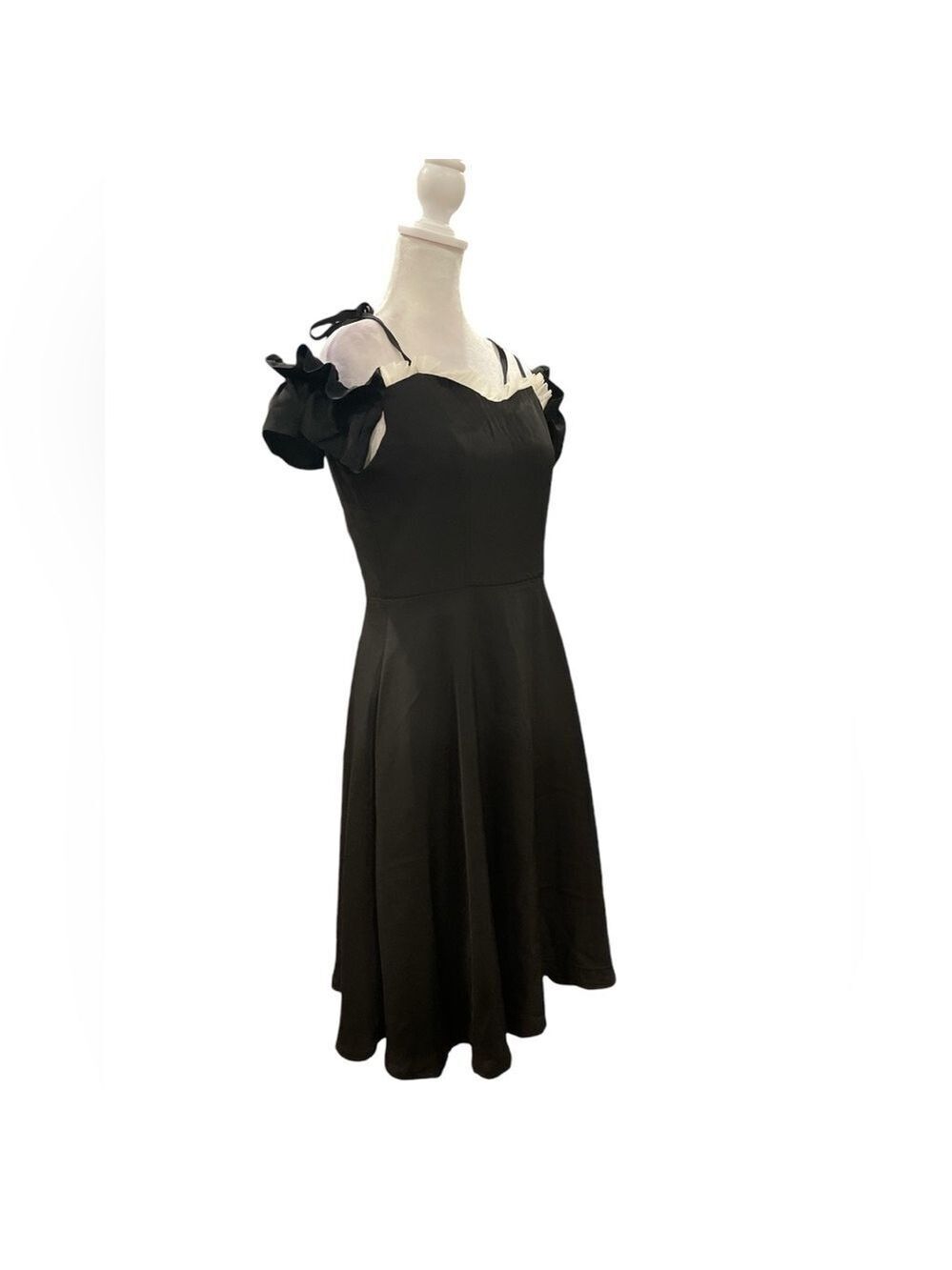 Black with white lace L stretchy “maid” look dress with ties and flutter sleeves